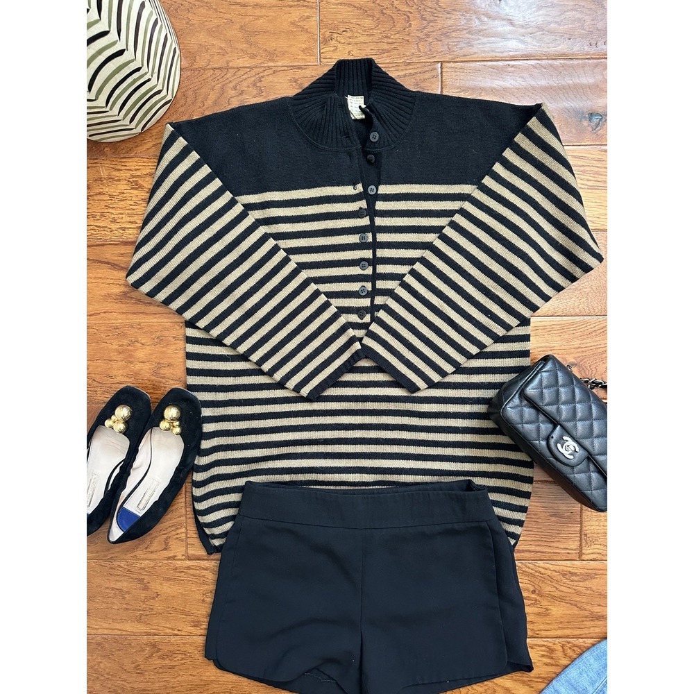 Vintage RODIER France Womens Striped Wool Blend Button High Neck Sweater M